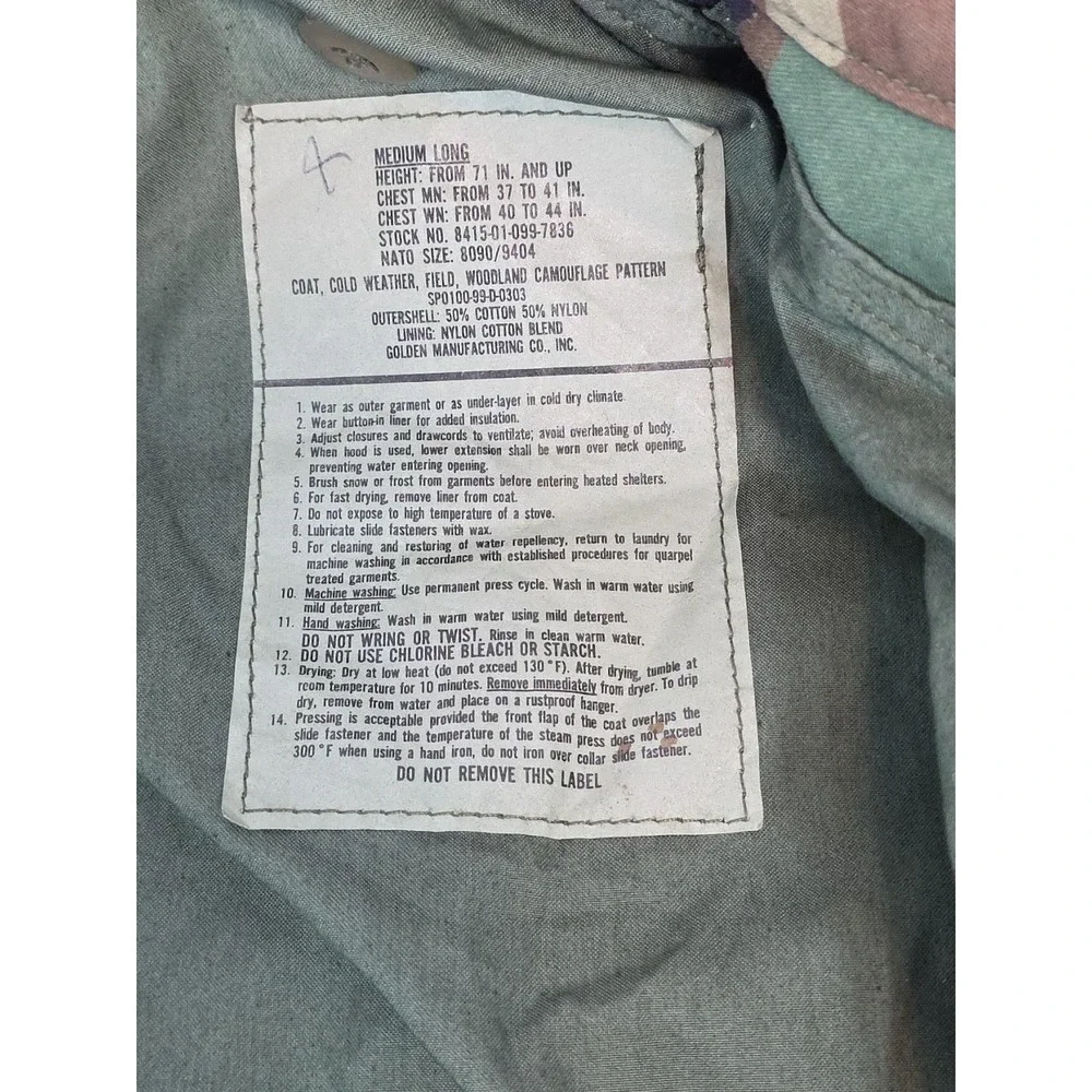 Us Army Coat Cold Weather Size M Long Woodland‎ Camo 99 Date Y2K 90's VTG